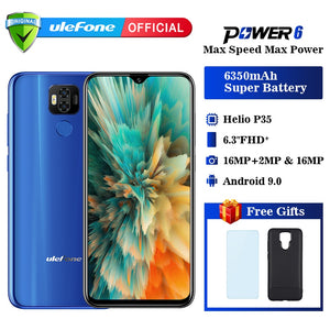 Ulefone power 6 Smartphone Android 9.0 Helio P35 Octa-core 6350mah 6.3" 4GB 64 GB 16MP face ID NFC 4G LTE Global Mobile Phones