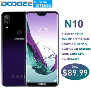 New DOOGEE N10 mobile Phone 16.0MP Front Camera 3360mAh Android 8.1 4GLTE Octa-Core 3GB RAM 32GB ROM 5.84inch FHD+ 19:9 Display