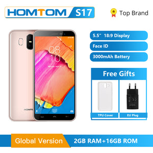 Global Version HOMTOM S17 Android 8.1 Smartphone Quad Core 5.5inch Fingerprint Face Unlock 2G RAM 16G ROM 13MP+8MP Mobile Phone