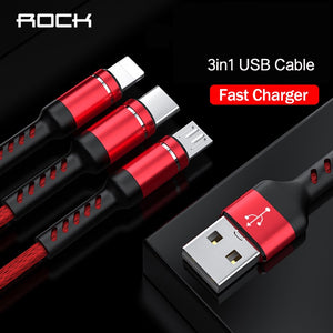 ROCK 3 in 1 USB Cable For iPhone XS X 8 7 6s Charging Charger Type-C Micro USB Cable For Android USB Type C Mobile Phone Cables