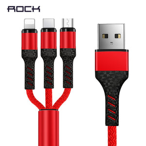 ROCK 3 in 1 USB Cable For iPhone XS X 8 7 6 Charging Charger Type-C Micro USB Cable For Android USB Type C Mobile Phone Cables