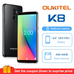 Oukitel K8 Android 8.0 6.0" 18:9 MTK6750t Octa Core 4G RAM 64G ROM Mobile Phone 5000mah 13.0mp Fingerprint Face ID Smartphone