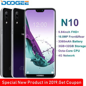 DOOGEE N10 mobile Phone Octa-Core 3GB RAM 32GB ROM 5.84inch FHD+ 19:9 Display 16.0MP Front Camera 3360mAh Android 8.1 4GLTE 2019