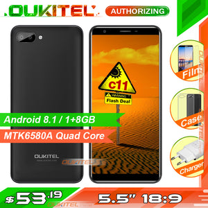 Oukitel C11 5.5 inch 18:9 Smartphone Android 8.1 1GB+8GB MTK6580A Quad Core 5MP+2MP/2MP 3400mAh Battery Mobile Phone